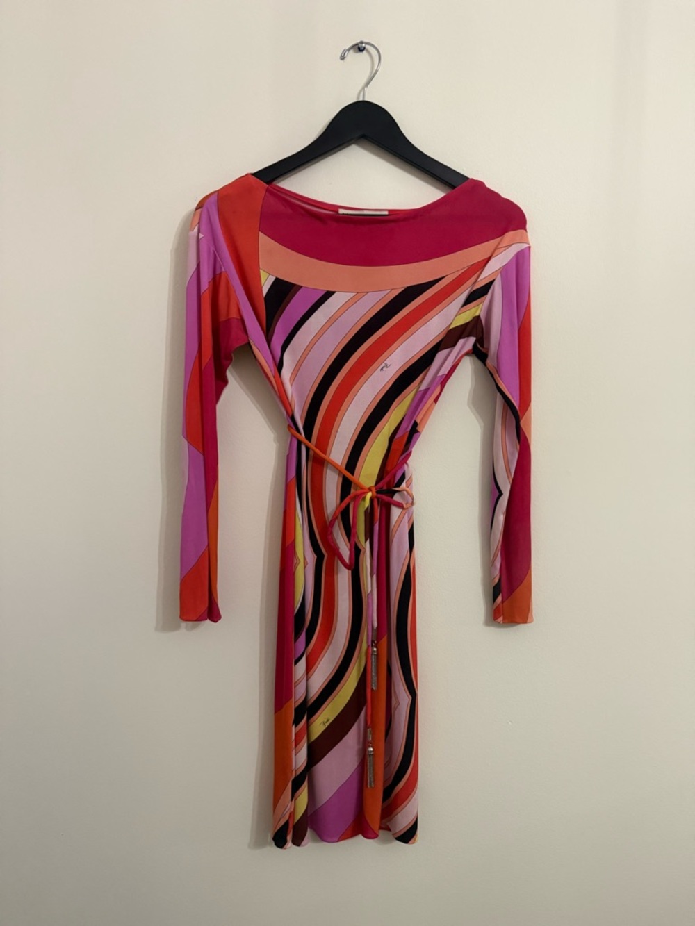 Emilio Pucci Iride Print Silk Dress with Belt in Pink, Orange & Red. Size US 10